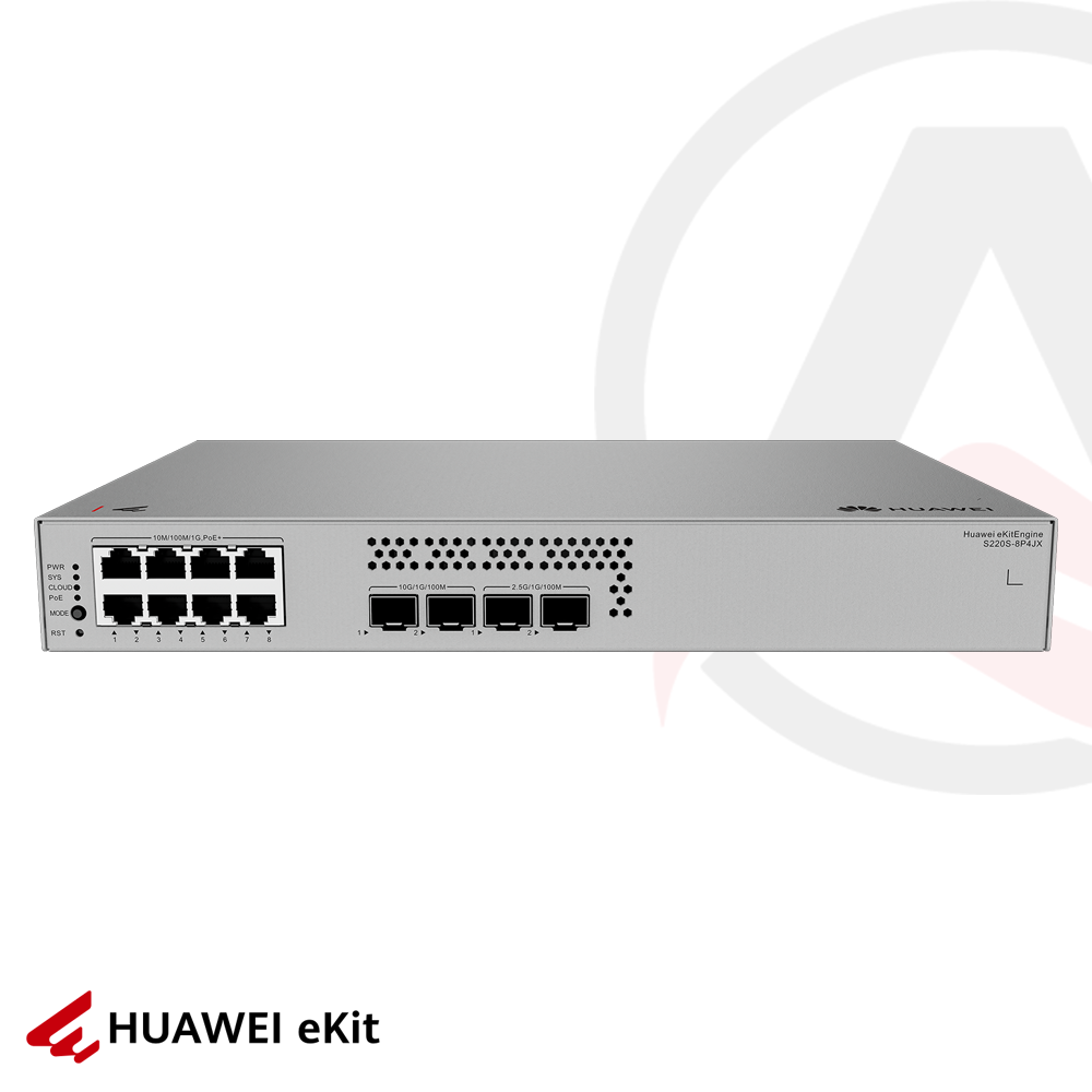 Huawei S220S-8P4JX - 8 Port PoE, 2 Port 2.5G, 2 Port 10G SFP, 10/100/1000 L2 Yönetilebilir Switch, 128W