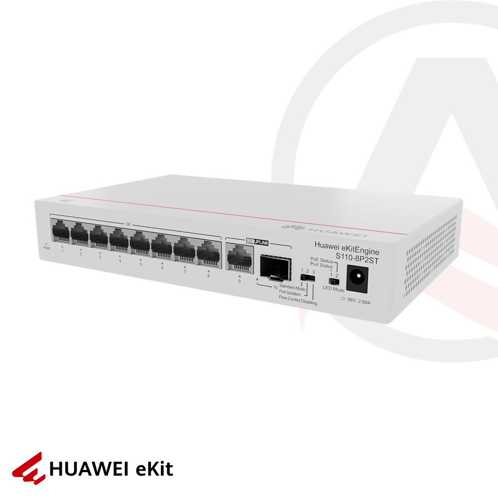 Huawei S110-8P2ST - 8 Port PoE, 1 Port SFP, 1 Port Gigabit Uplink, 10/100/1000 L2 Yönetilemez Switch, 124W